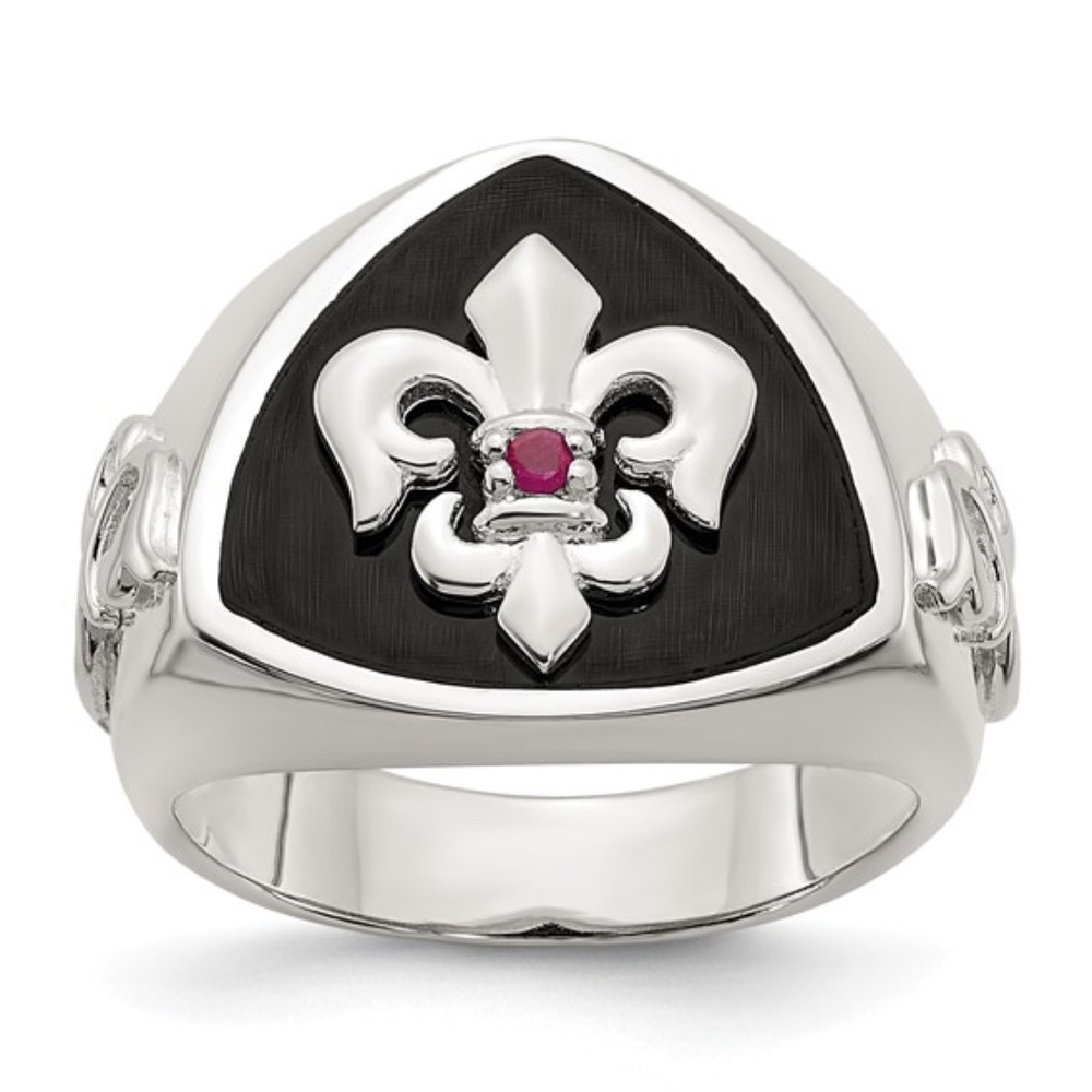Sterling Silver Ruby/Black Agate Fleur De Lis Ring - image 1